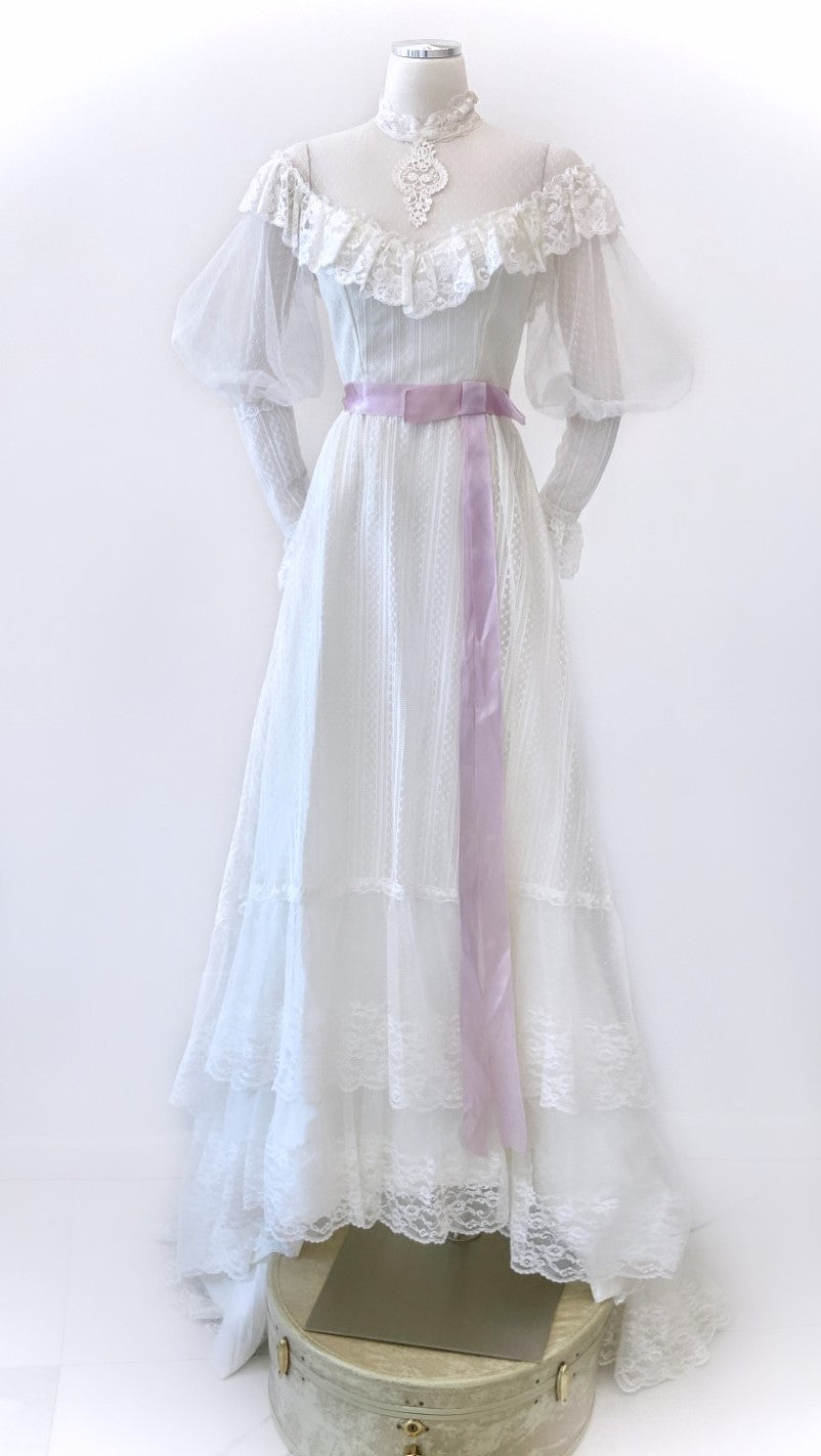 Vintage - Lovely Striped Lace Gown with Train