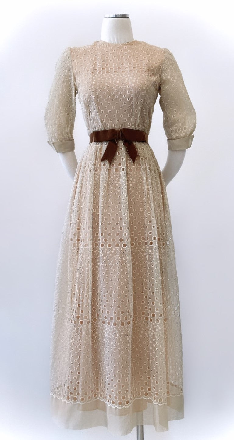 Vintage - Eyelet Chiffon Gown with Velvet Belt
