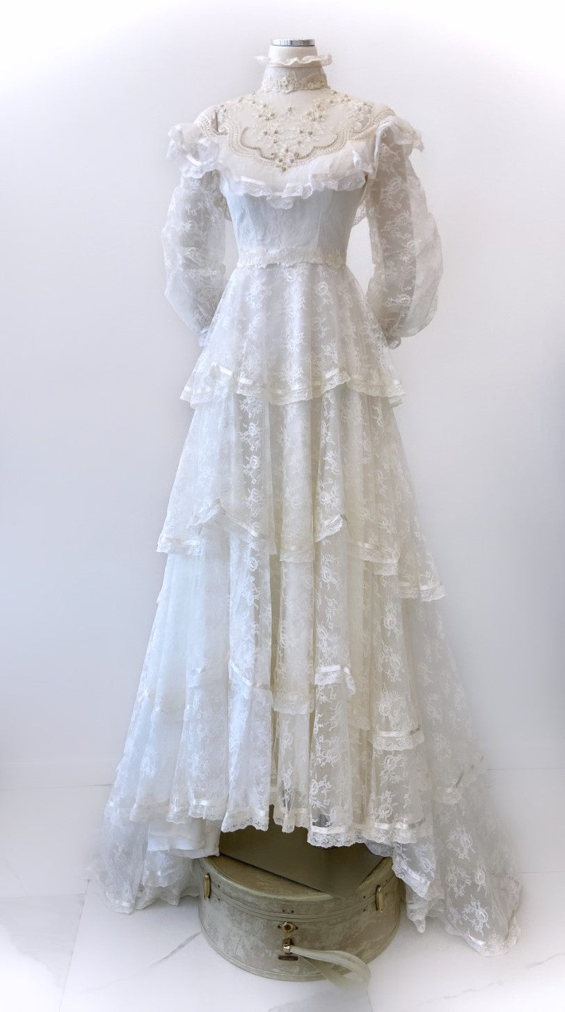 Vintage - Magnificent  Lace Tiered Gown with Train