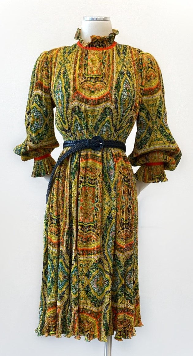 Vintage- Printed Crinkle Pleated Waist Dress