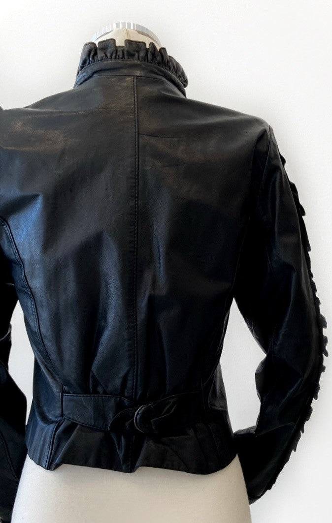 Vintage - Ruffle Trimmed Genuine Leather Jacket