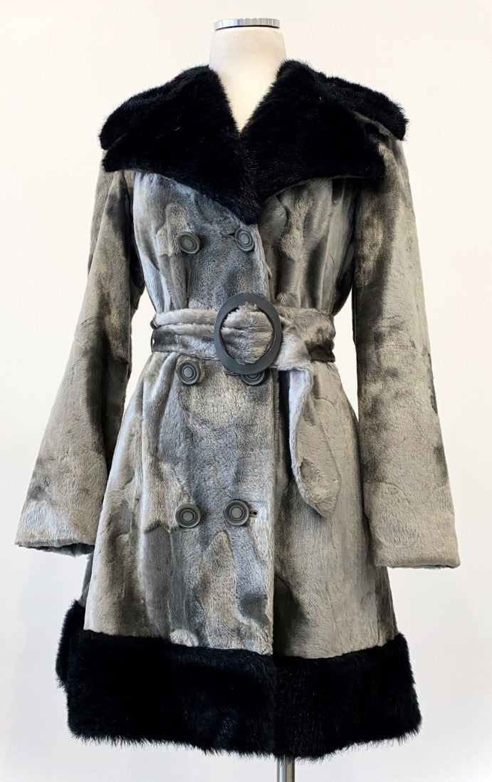 Vintage - Belted Plush Velvet Coat with Faux Fur Trim