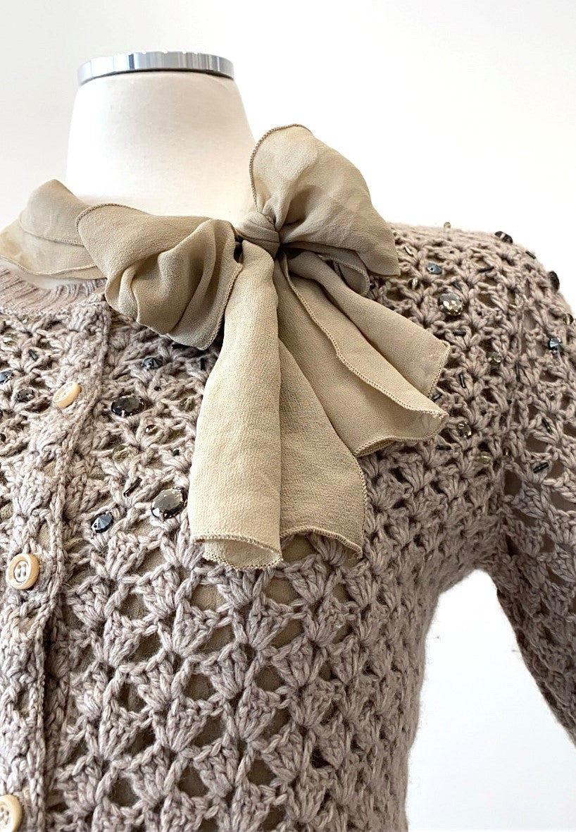 Moschino - Crochet Sweater with Gemstone Embellishment and Chiffon Trim