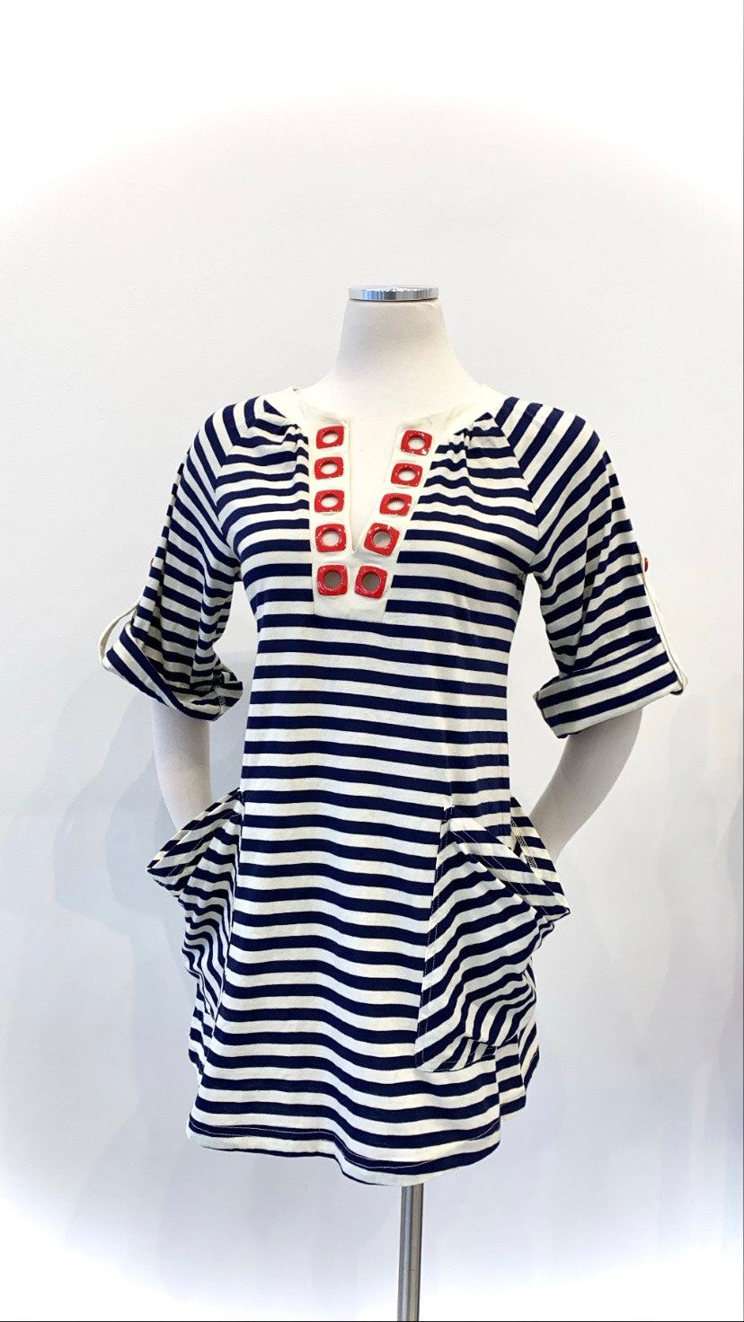 Nanette Lepore - Striped Cotton T-Shirt with Large Pockets
