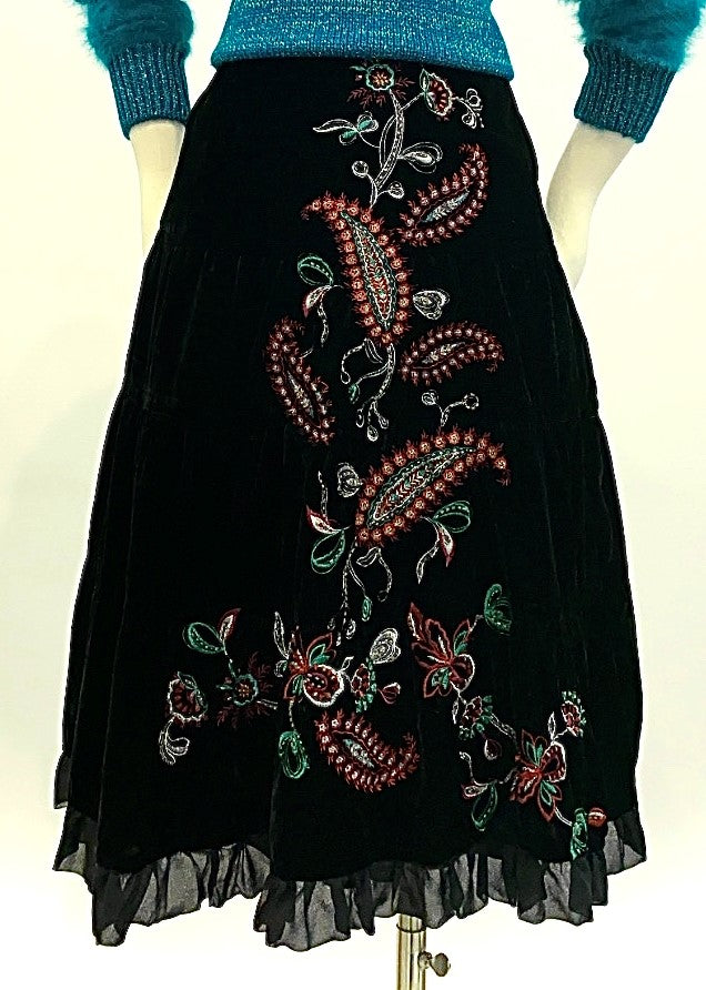 Vintage - Velvet Embroidered and Embroidered Tiered Skirt