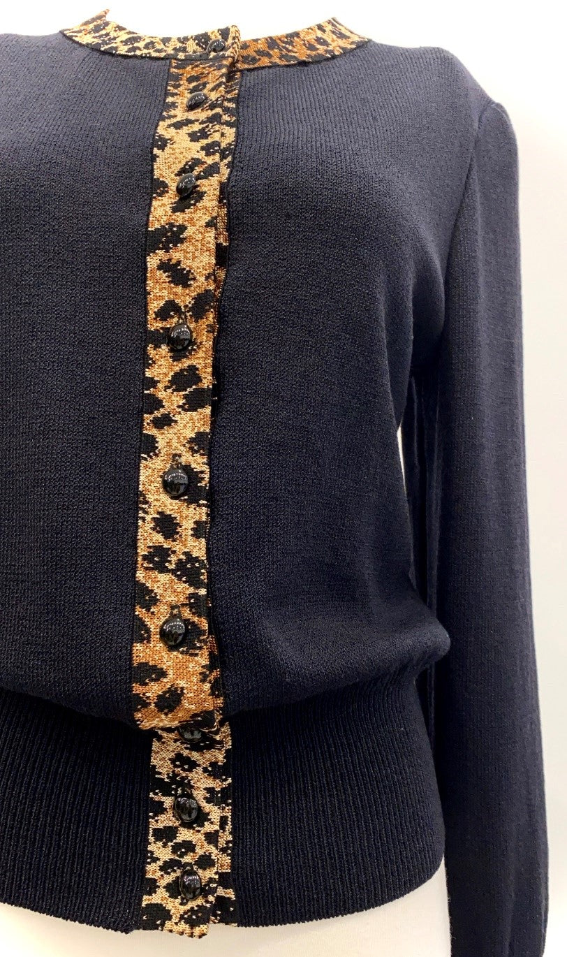 St. John  - Button Down Sweater with Leopard Trim