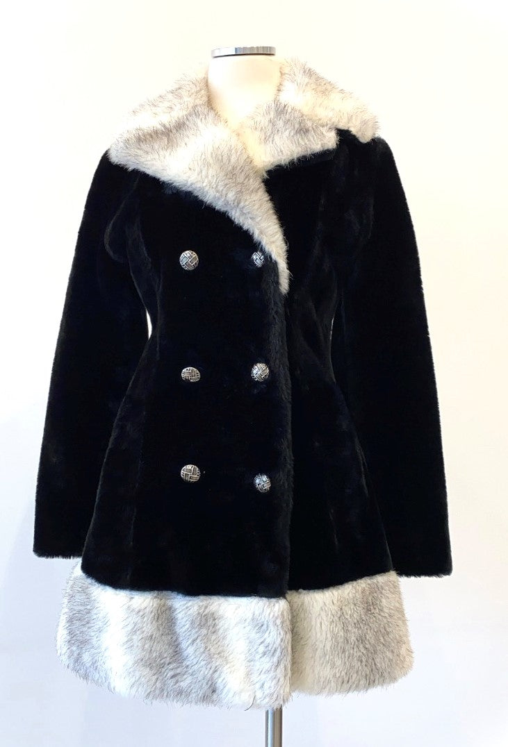 Vintage - Faux Fur Double Breasted Coat with Contrast Trim