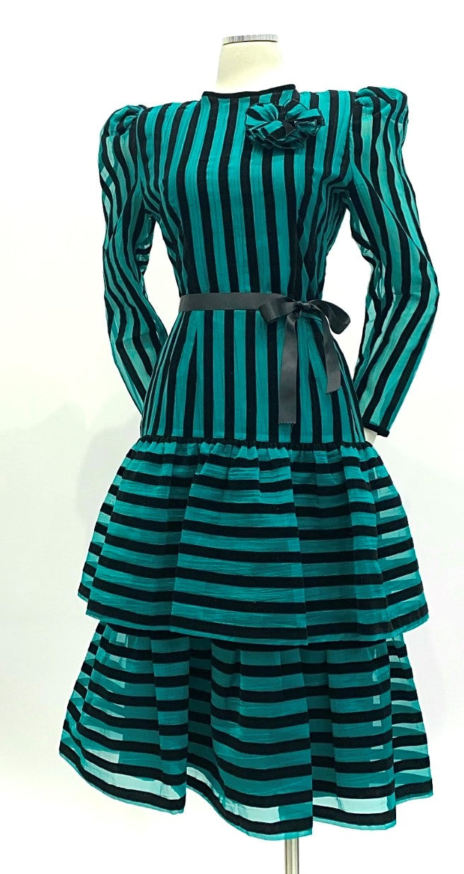 Vintage - Velvet and Organza Striped Tiered Skirt and Blouse Set