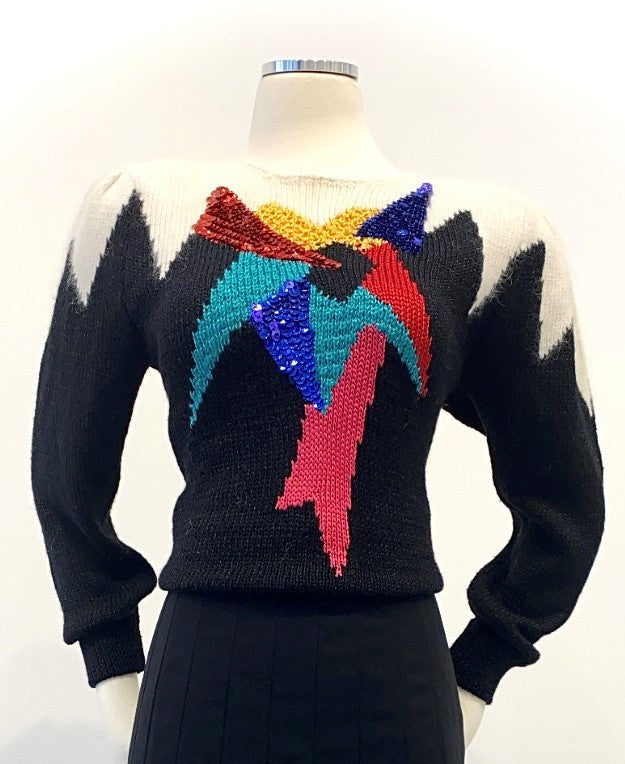 Vintage - Black Sweater with  A Burst of Geometric Color