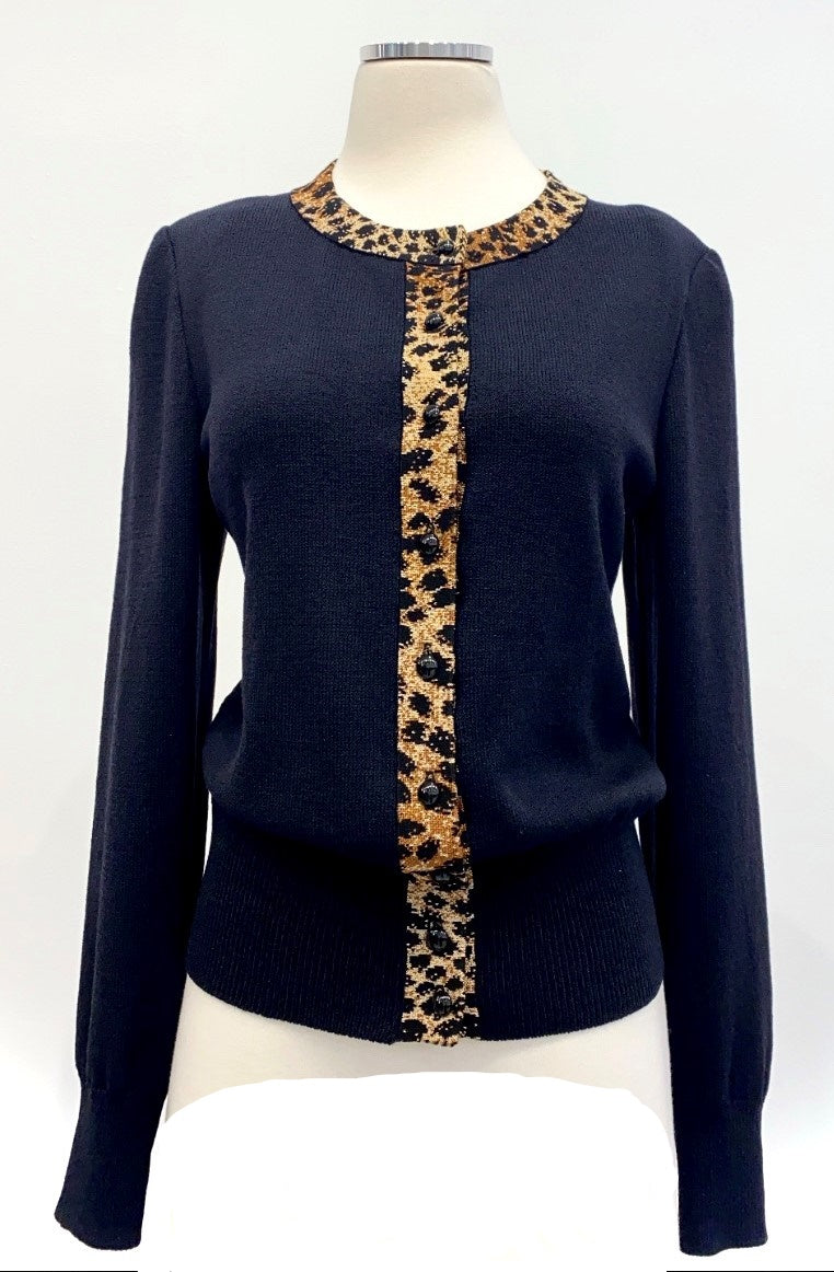 St. John  - Button Down Sweater with Leopard Trim