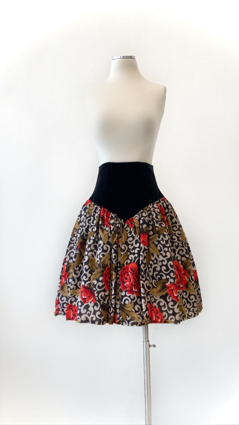 Floral Pouf Skirt with Velvet Yoke