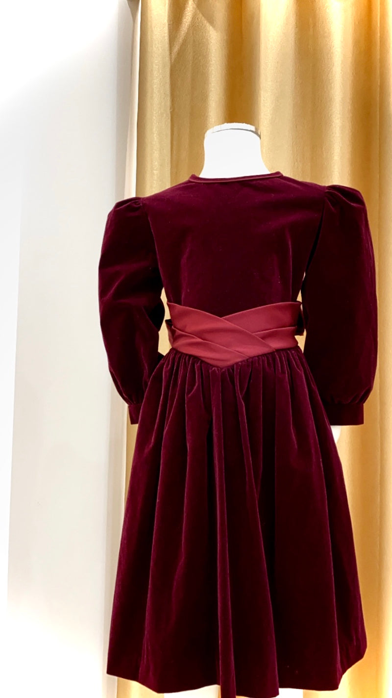 Girls - Vintage - Velvet Puff Sleeve Dress with Satin Midriff and Tie Belt - Size 6