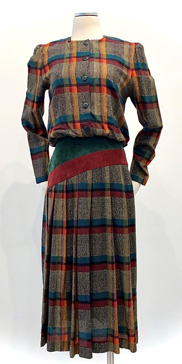 Vintage - Plaid Waist Dress with Suede Cummerbund