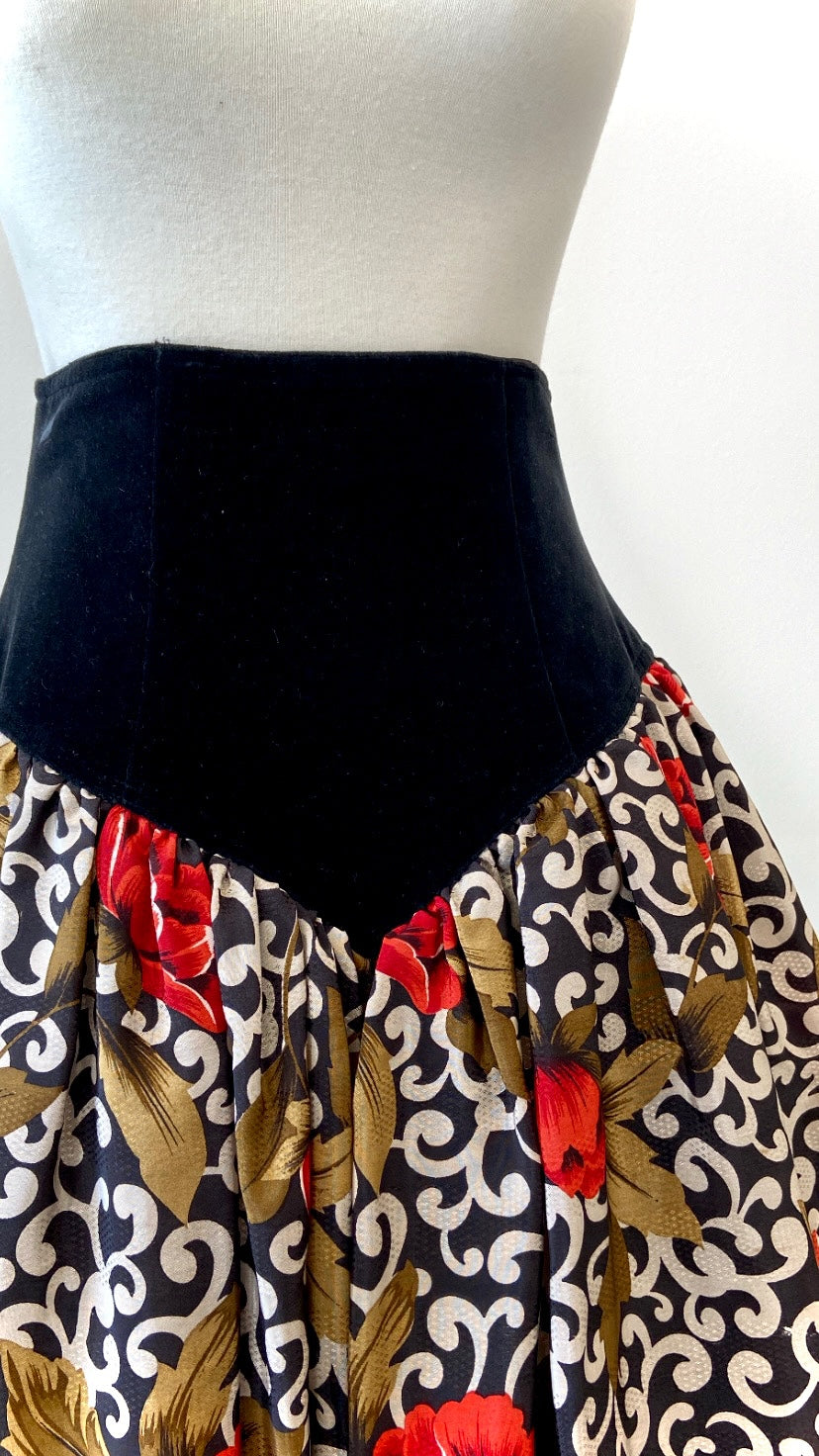 Floral Pouf Skirt with Velvet Yoke