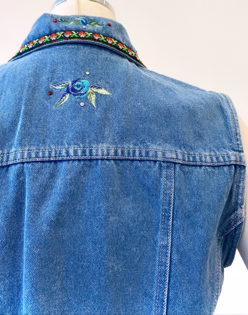 Vintage - Embroidered Denim Vest with Floral Ribbons