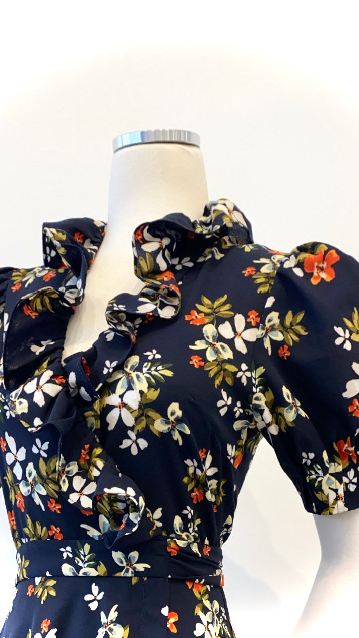 Jill Stuart - Navy Floral Printed Dress with Ruffled Neck and Belt