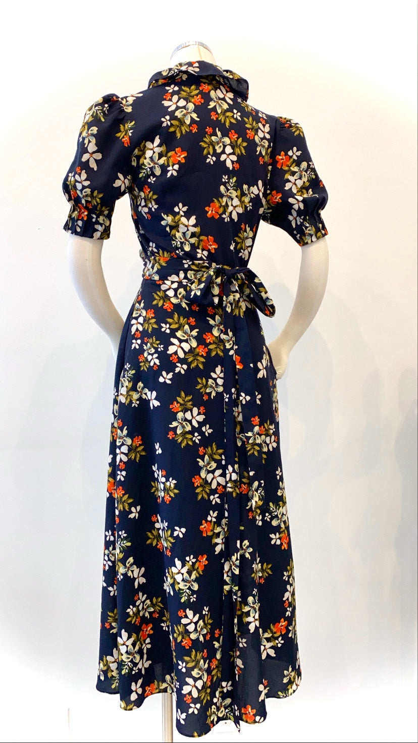 Jill Stuart - Navy Floral Printed Dress with Ruffled Neck and Belt
