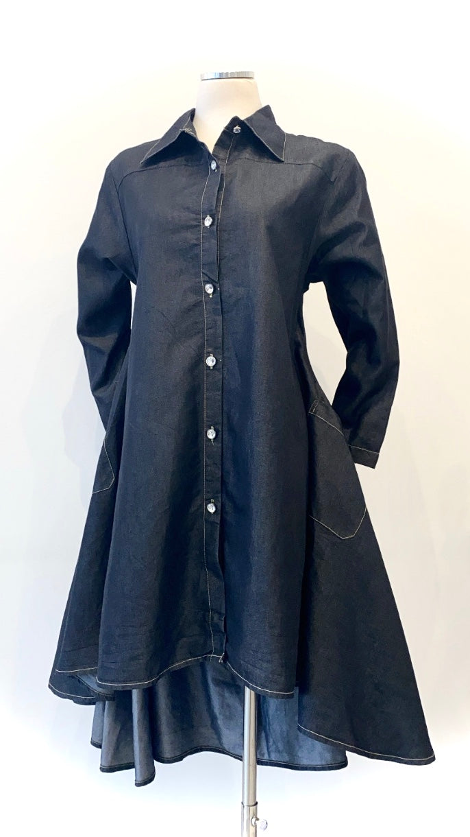 Vintage - Chambray Button-Down Asymmetrical Dress with Pockets