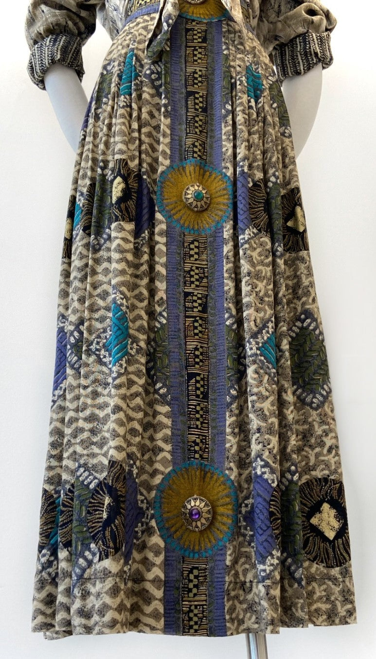 Vintage - Tie-Front Embellished Multi Print Skirt And Blouse