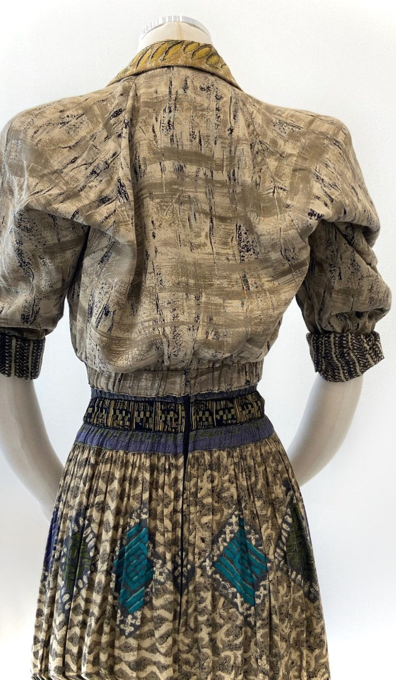 Vintage - Tie-Front Embellished Multi Print Skirt And Blouse