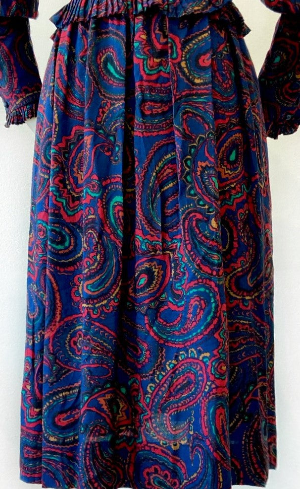 Vintage - Victor Costa - Paisley Print Dress with Ruffled Velvet Bodice