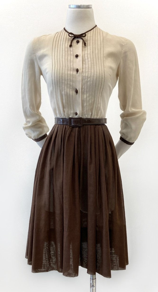 Vintage - Voile, Brown & Cream Waist Dress