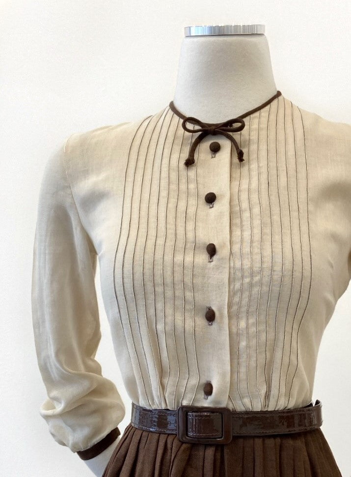 Vintage - Voile, Brown & Cream Waist Dress