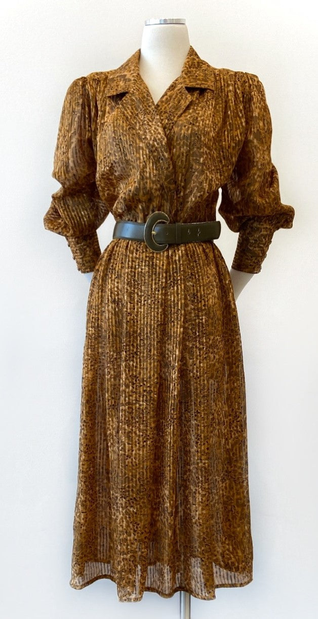 Vintage -Self-Stripe, Small Animal-Print  Waist Dress