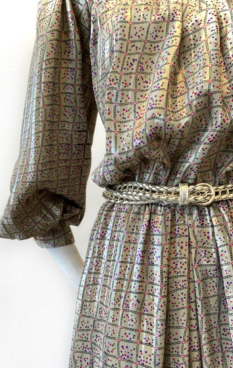 Vintage - Self-Stripe, Flecked Checked Waist Dress