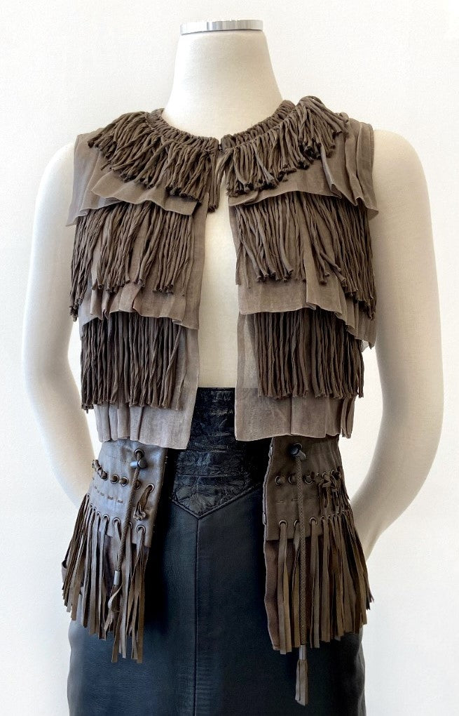 Elie Tahari - Silk & Leather Sleeveless Jacket