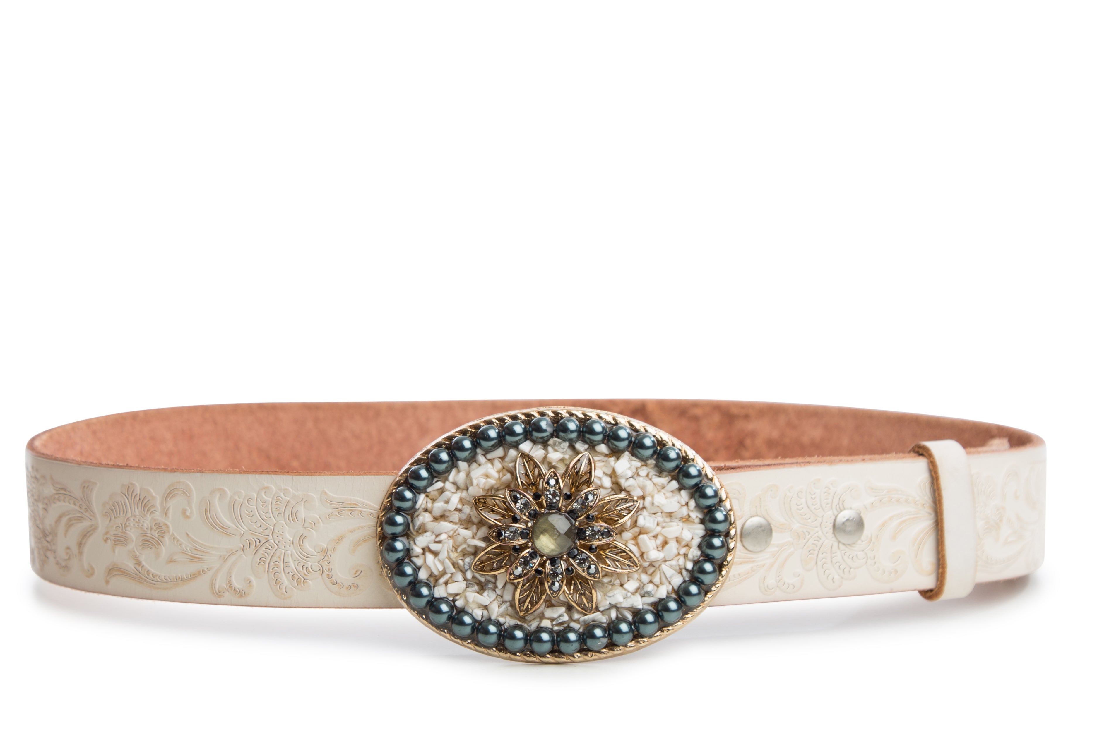 Vintage - embossed Leather Belt with Pearl and Gemstone Buckle