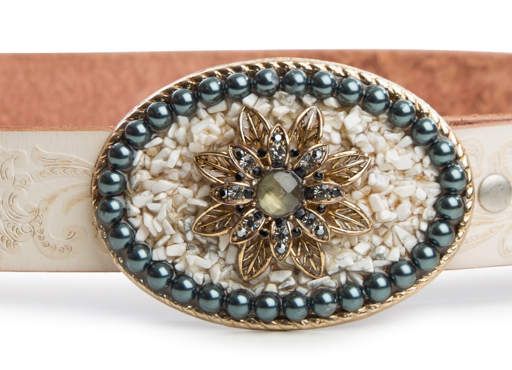Vintage - embossed Leather Belt with Pearl and Gemstone Buckle
