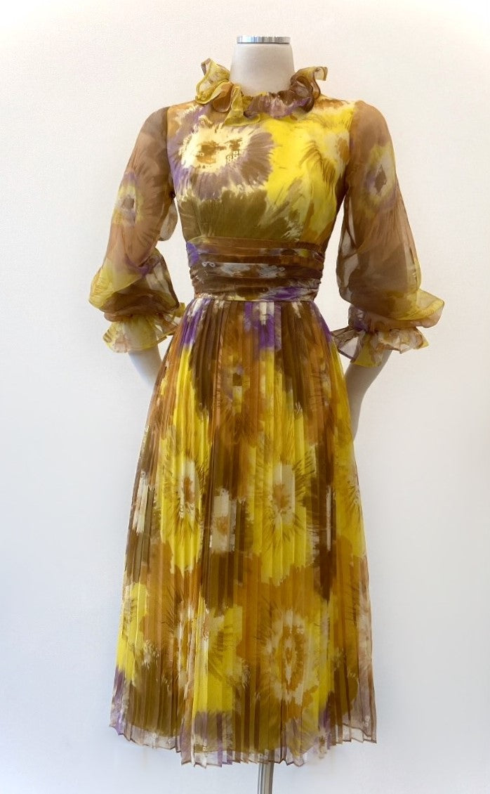 Vintage - Floral Print Pleated Organza Dress