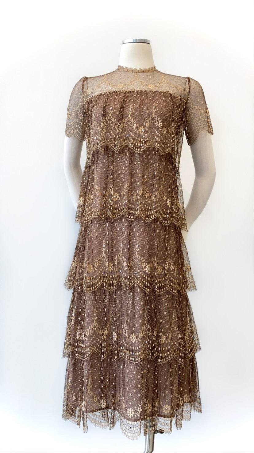 Vintage - Layered Lace Dress with Delicate Rhinestone Embellishment