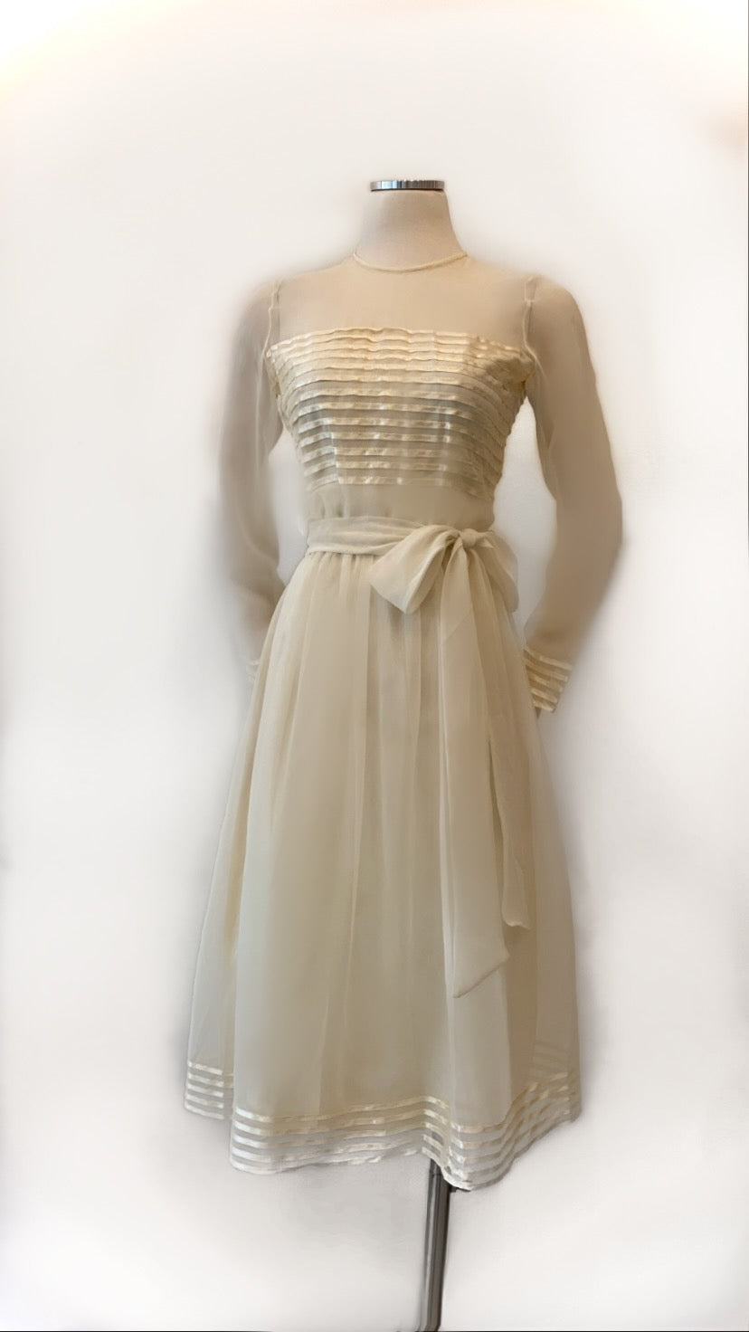 Vintage - Chiffon Dress with Ribbon Trim and Sash
