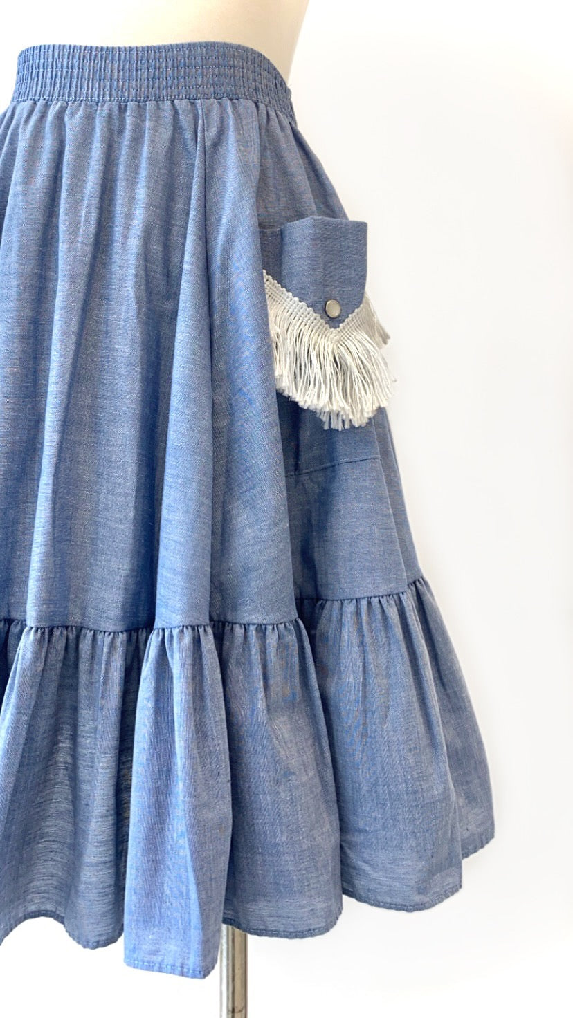 Vintage - Chambray Tiered Skirt with Fringed Pockets
