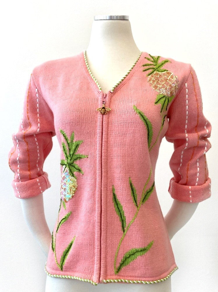 Vintage - Embroidered Cardigan with Sequined Pineapples