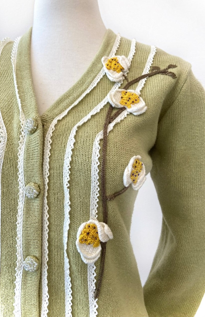 Vintage - Lace Trimmed Cardigan with 3D Crochet Flowers