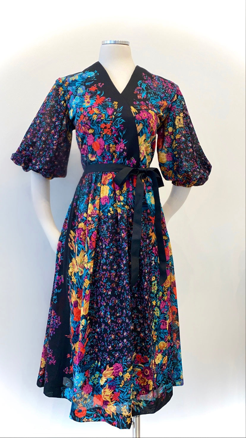 Vintage - Jeanne Durrel Floral Print Faux-Wrap Dress