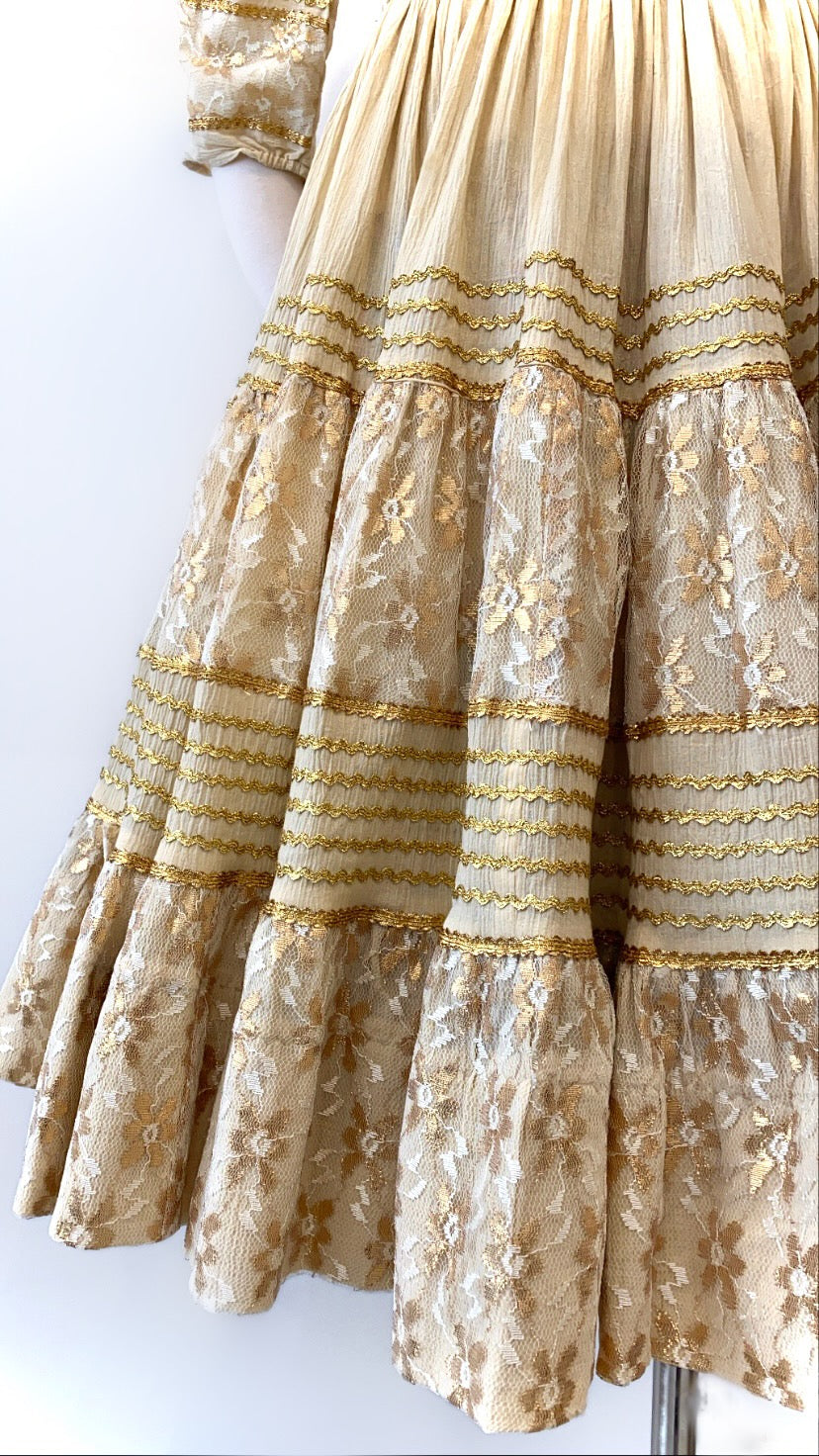Vintage - Lace and Gold Trimmed Tiered Skirt and Blouse Set