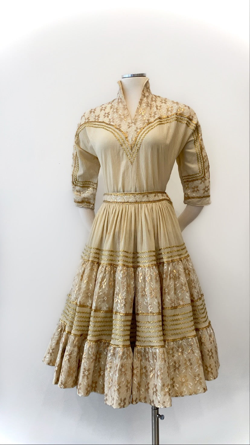 Vintage - Lace and Gold Trimmed Tiered Skirt and Blouse Set