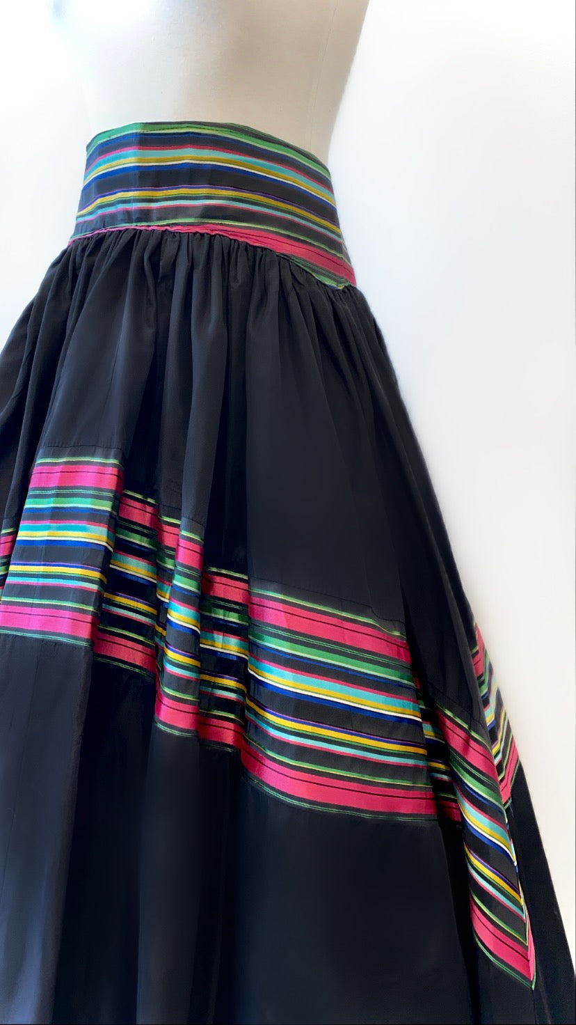 Vintage - Taffeta Maxi Skirt with Striped Waistband and Insert