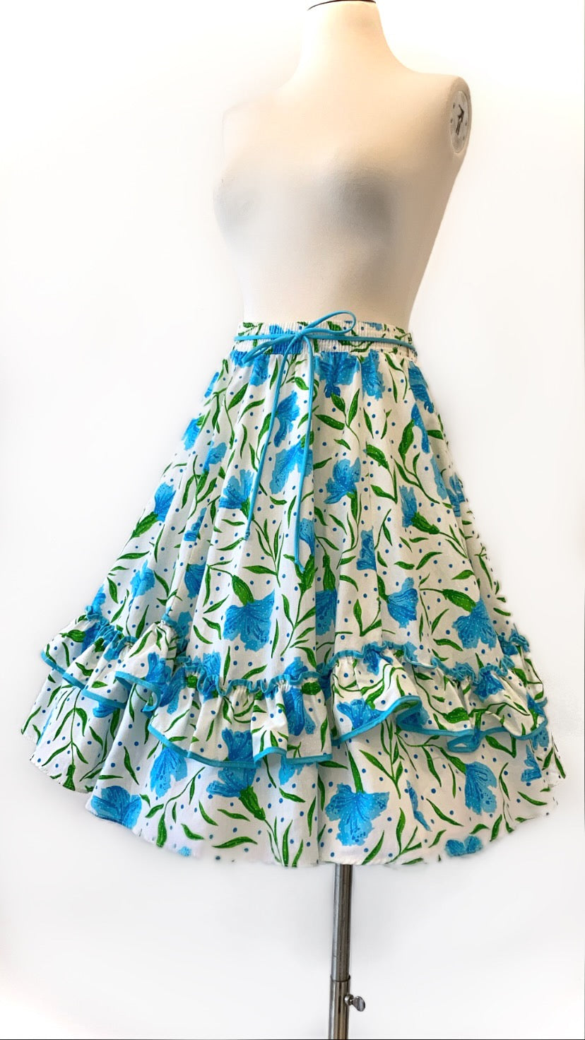 Vintage - Floral Print Ruffle Skirt with Rope Tie