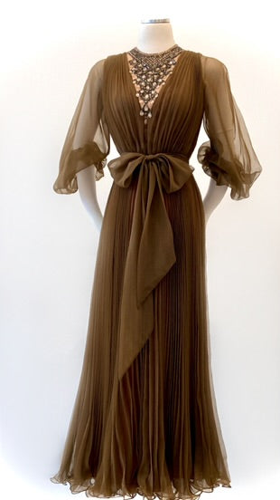 Vintage - Crystal Pleated Chiffon Gown with Beaded Bib