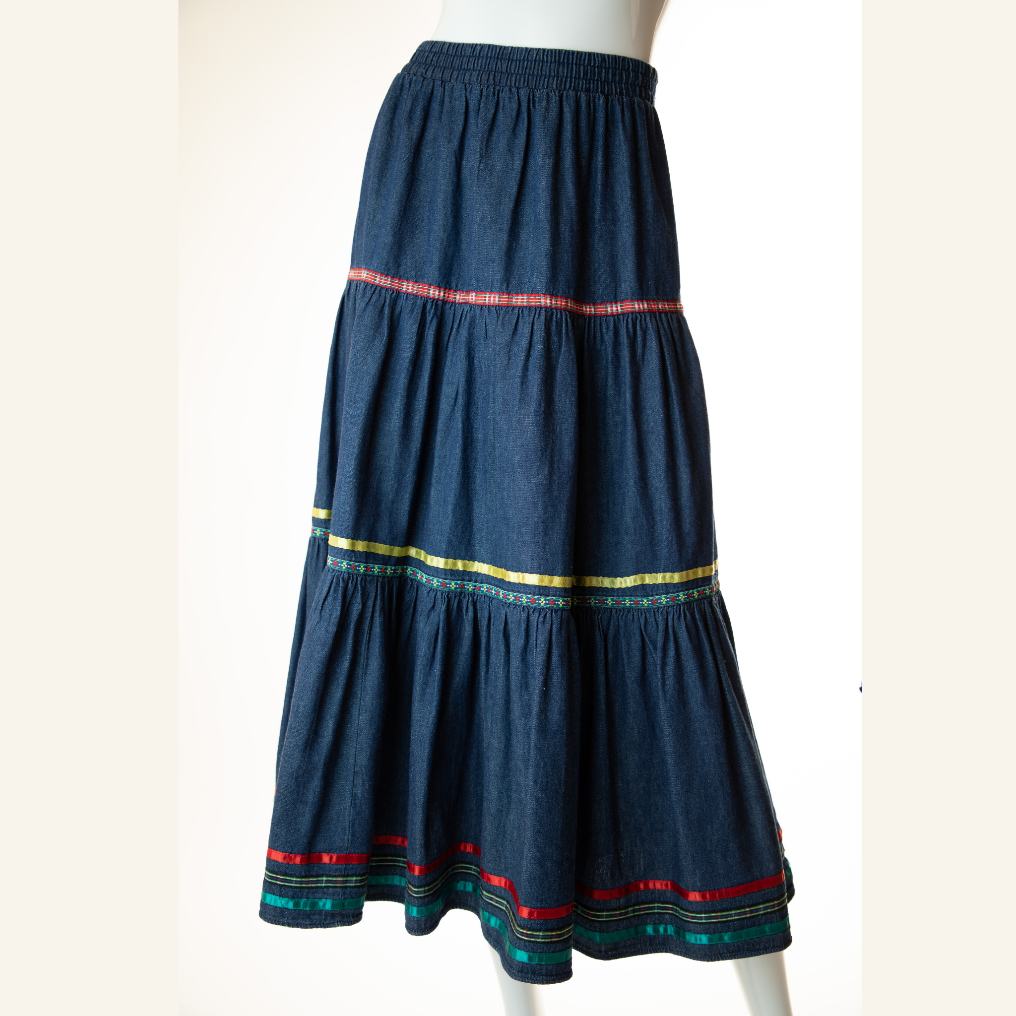 Vintage - Tiered Denim Maxi Skirt with Ribbon Trim