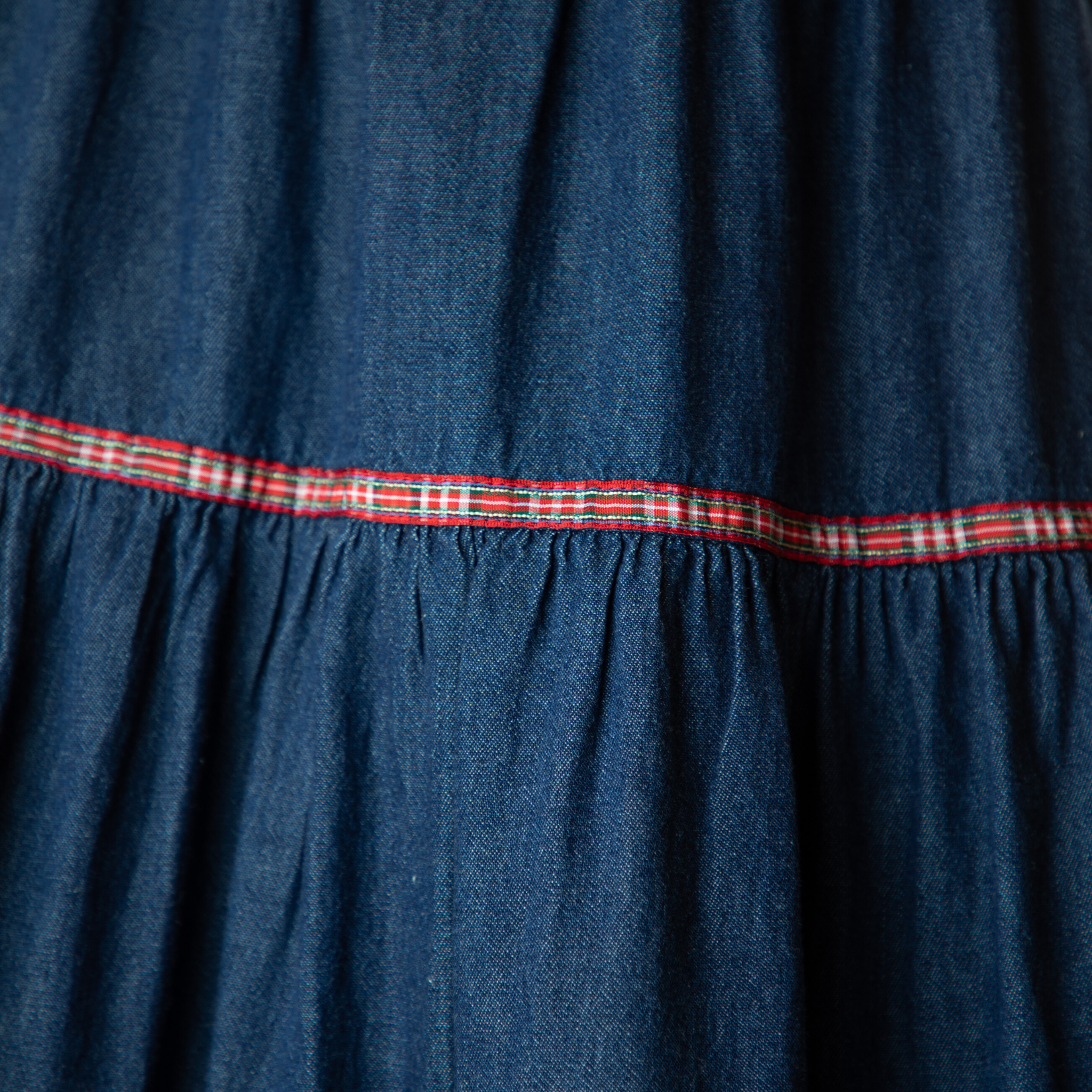 Vintage - Tiered Denim Maxi Skirt with Ribbon Trim