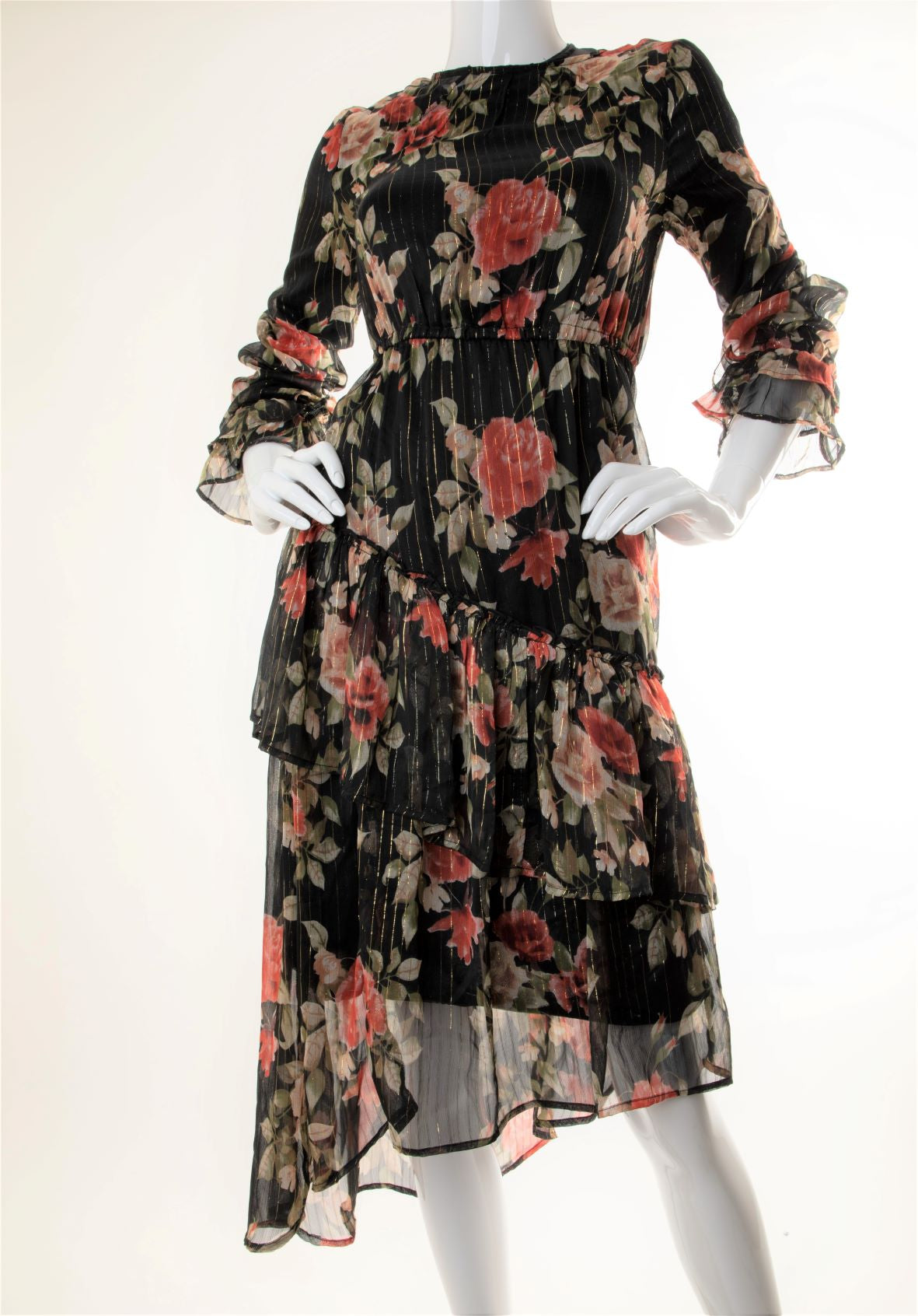 Chelsea & Violet - Chiffon Metallic Floral Asymmetrical Ruffle Dress
