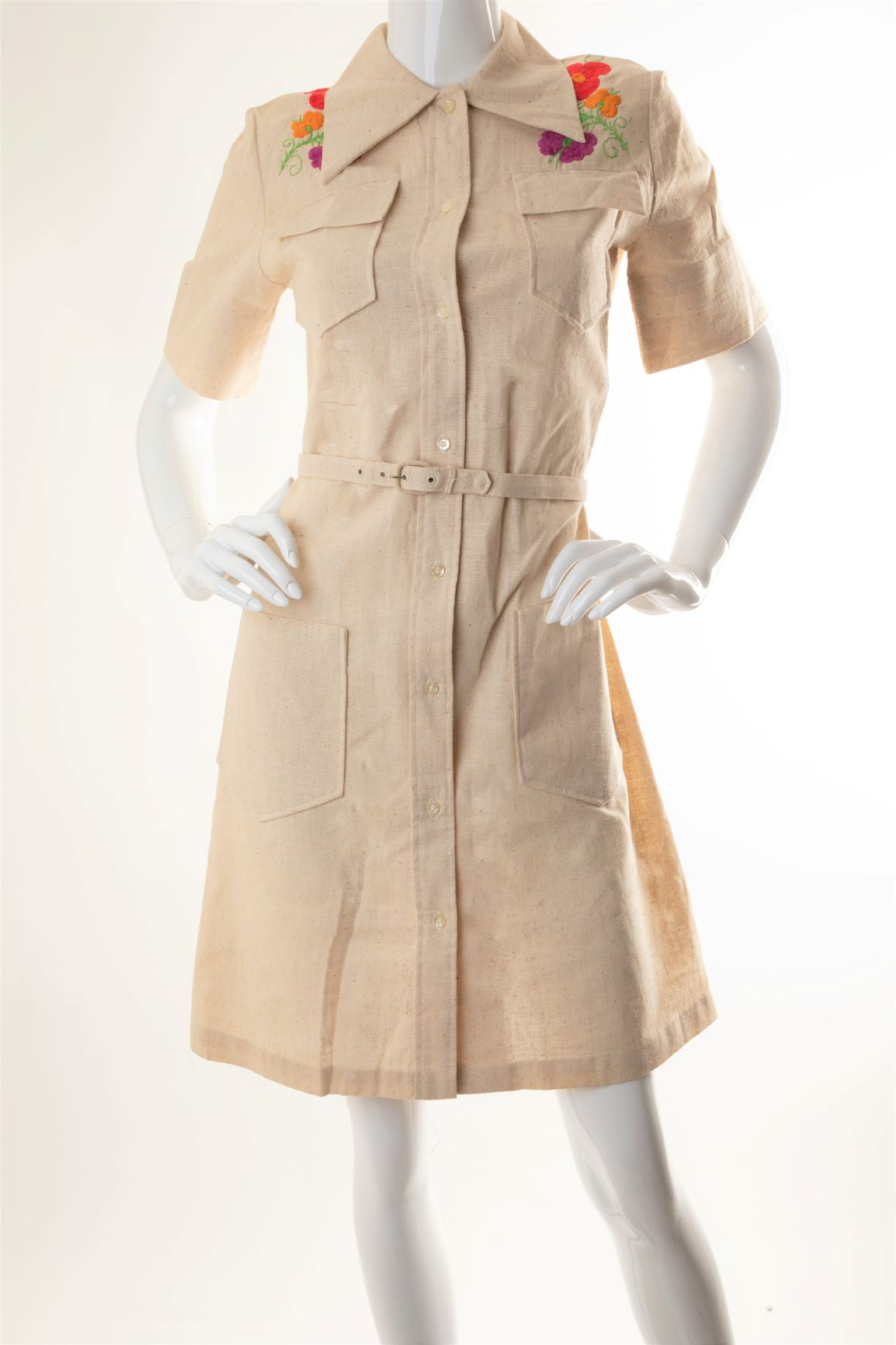 Vintage - Speckled Linen Belted Shirt Dress with Embroidery