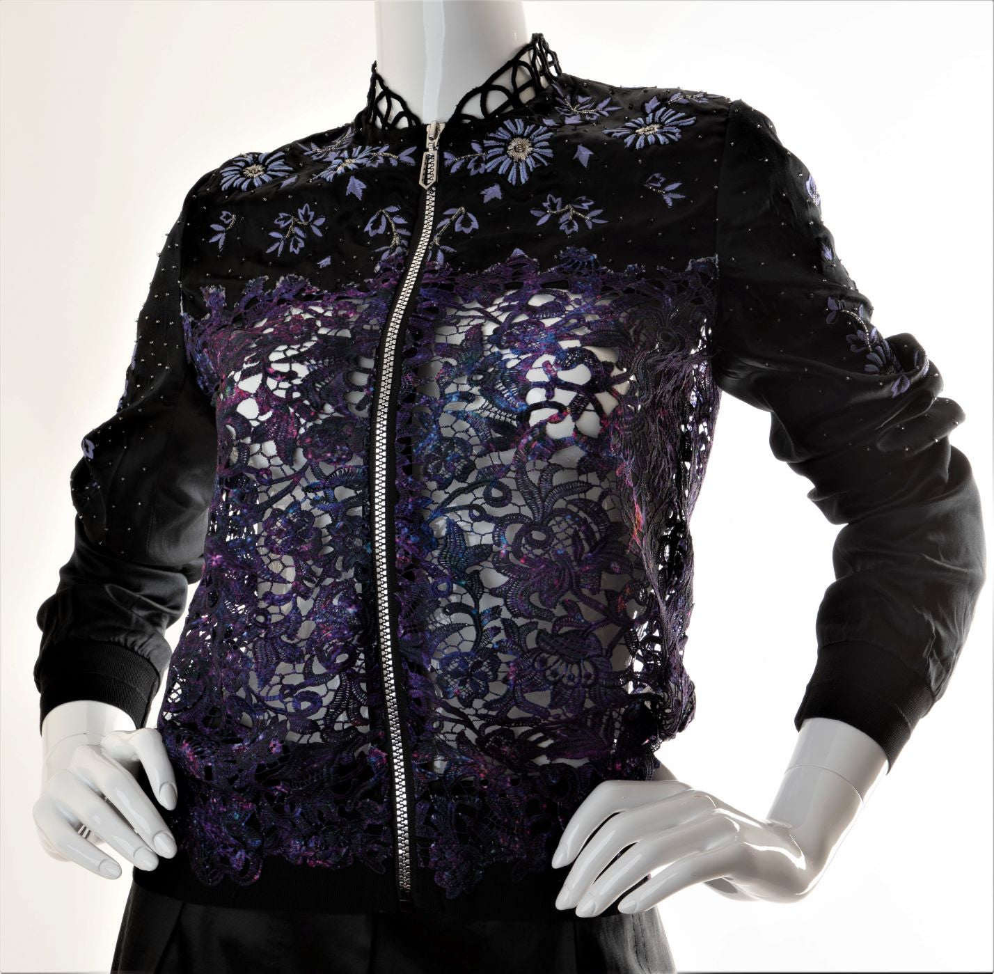 Elie Tahari - Silk and Lace Embroidered and Beaded Bomber Jacket