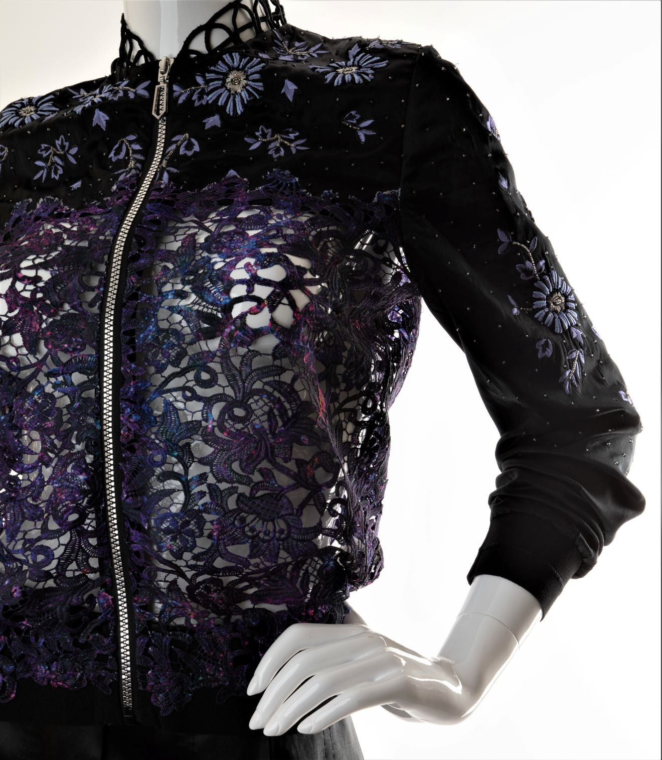 Elie Tahari - Silk and Lace Embroidered and Beaded Bomber Jacket